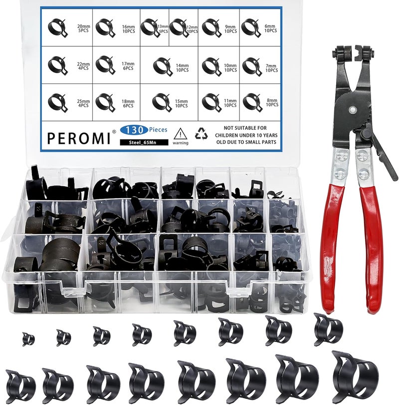 PEROMI 130Pcs 6-25mm Spring Band Hose Clamps With Swivel Flat Hose Clamp Plier Assortment Kit, Constant Tension Steel Clamps for Fuel Lines, Silicone, Vacuum Hoses & Low-Pressure Air Clips By - Image 1